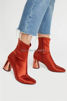 

Round Toe Stretch Fabric Chunky Heel Boots Orange Blue Gold Purple Women Sock Boots Fashion Specular Gloss Heel Ankle Boots