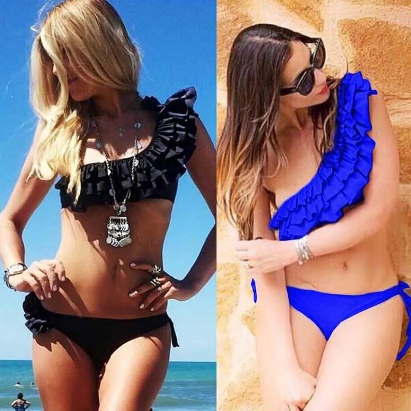 

Bikini 2019 One Shoulder Swimsuit Ruffle Plus Size Swimwear Women Solid Push Up Female Swimming Suit New Sexy Beachwear Girls