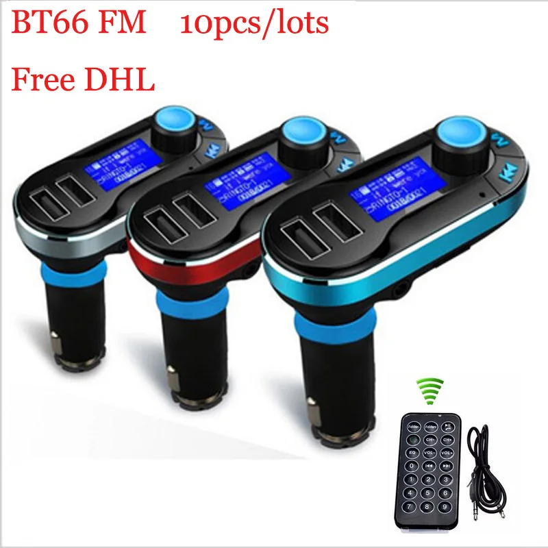 10pcs/lots Free DHL BT66 3-in-1 Universal Car Kit MP3 Player FM Transmitter AUX Wireless Car modulator radio 2 USB Car Charger 