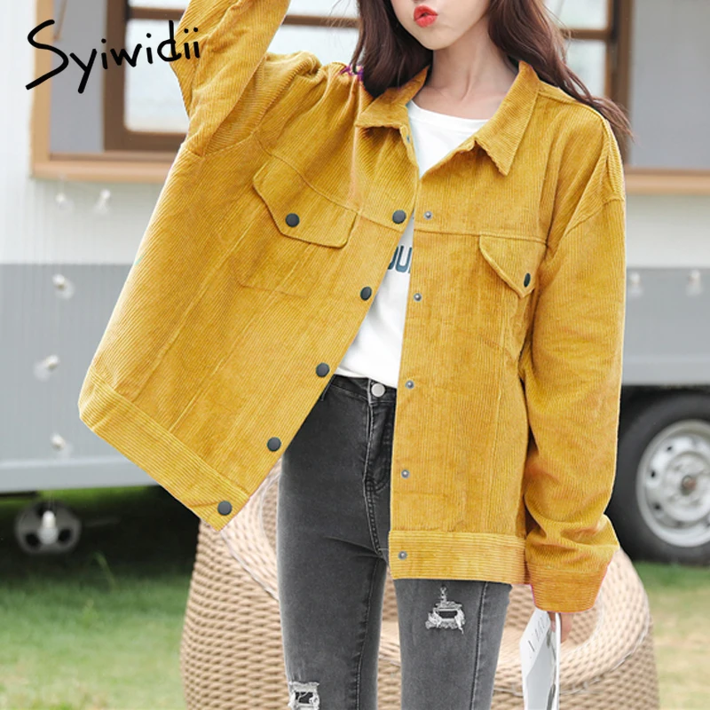 

Corduroy Female Jacket Women Winter Autumn Coats Plus Size Overcoats Female Big Tops Yellow Green Jackets Solid Color Clothing