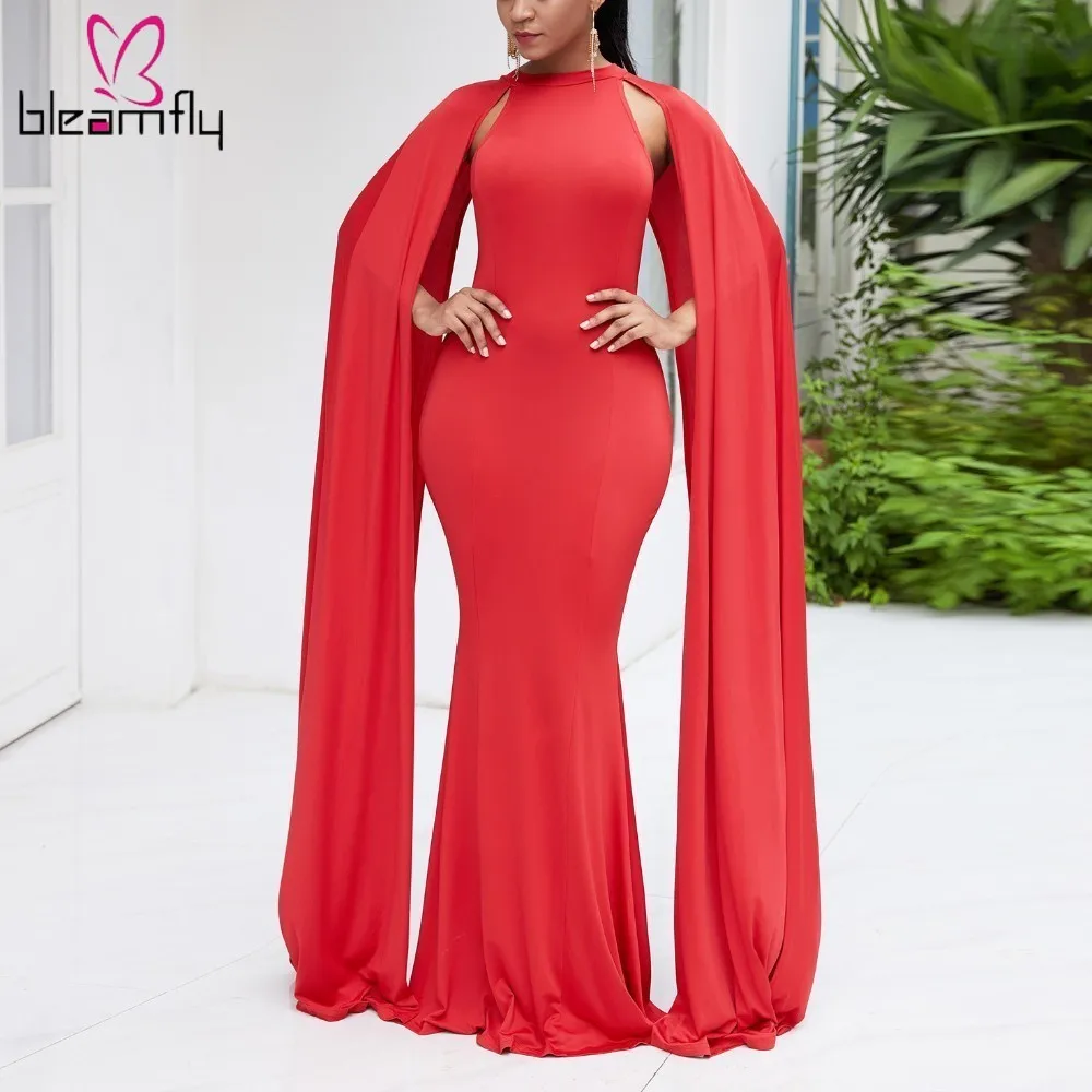 

2019 Women Elegant Party Mermaid Dresses Long Cloak Sleeve Slim Trumpet Dresses Summer Sexy Evening Red Bodycon Robe Vestidos