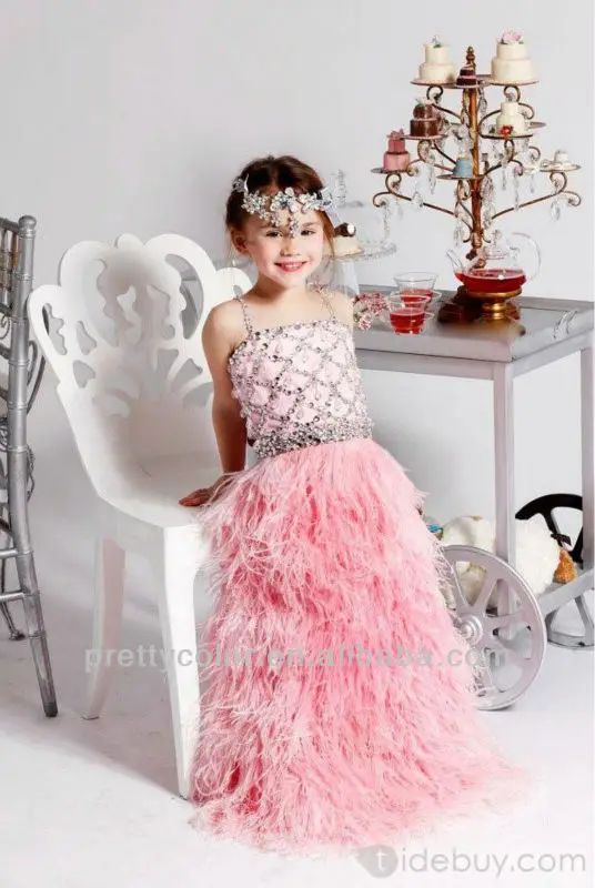 Floor Length A Line Beaded Crystal Details Girls Feather Dress Pageant