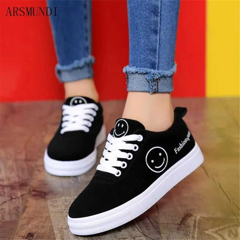 

ARSMUNDI 2019 New Women Canvas Shoes Spring/Autumn Flats Women Canvas Shoes Lace Up Smiley Face Fashion Women Sneakers M361