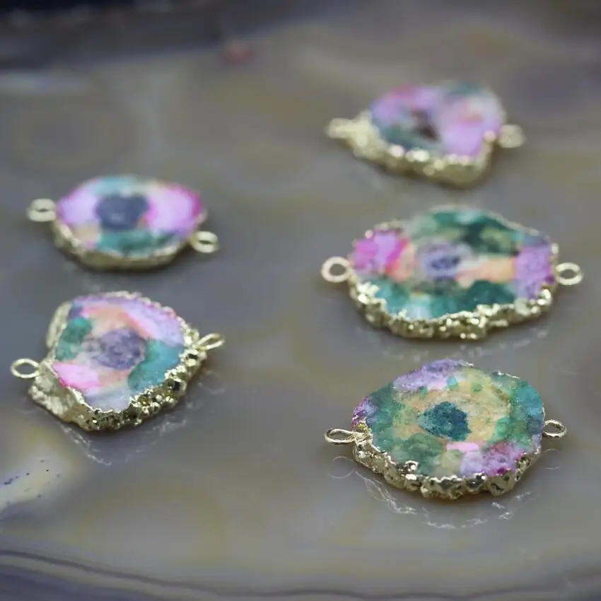 5Pcs/lot,Rainbow Color Solar Quartz Drusy Geode Slabs Gold Edges Connectors Charms,Raw Sun Flower Druzy Nugget Pendants Jewelry