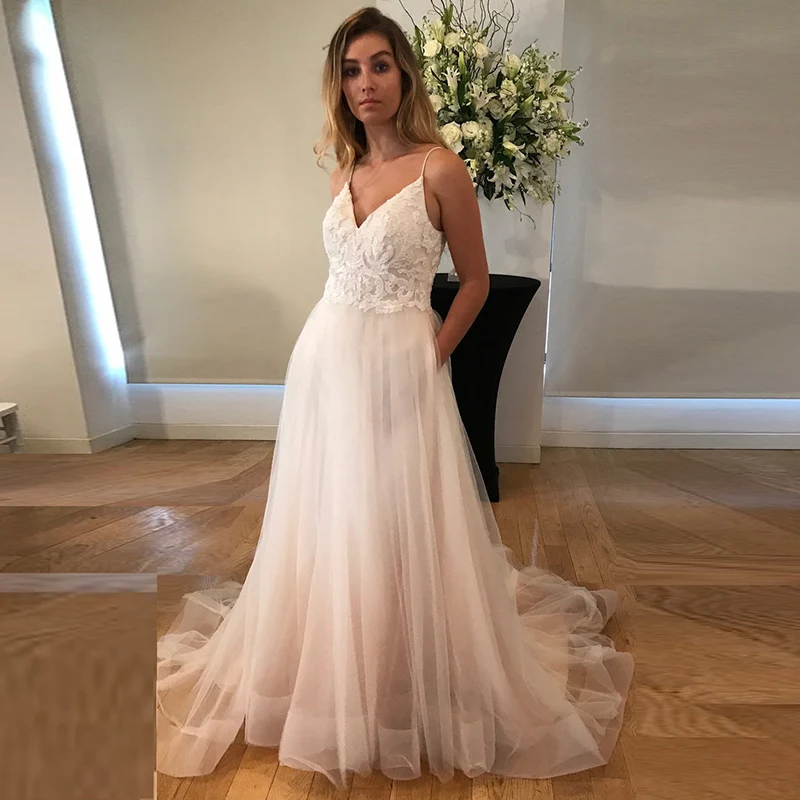 Vestido De Noiva Boho Свадебные платья 2019 v-образный вырез Тюль с аппликацией пляжные свадебные платья Спагетти ремни свадебное платье