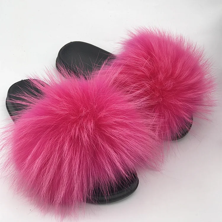 Женские тапочки из натурального меха енота, коллекция года, повседневные шлепанцы с лисьим мехом на плоской подошве, модная домашняя летняя обувь, большой размер 45, меховые вьетнамки - Цвет: Pink rose