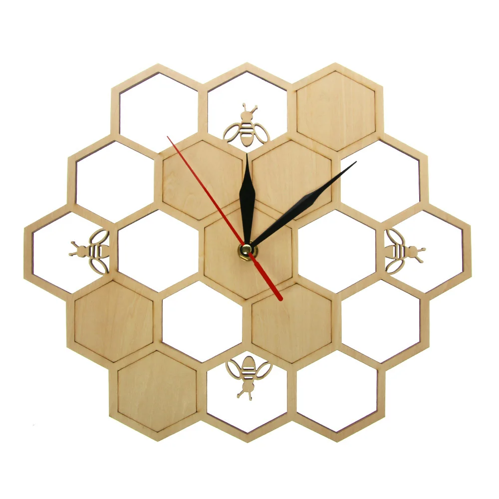 

Laser Cut Vintage Wooden Clock Honey Bee On Honey Comb Hexagon Nature Silent Watch Wall Clock Geometric Kitchen Art Decor Gift