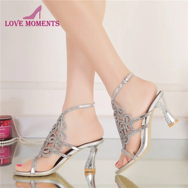 Women Summer Sandals High Quality Silver Rhinestone Bridal Dress ...