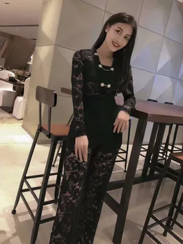 

High Quality 2019 Jumpsuit Sexy Celebrity Lace See-Through Women Print Full Button Night Club Bodysuit Party Jumpsuit Wholesale