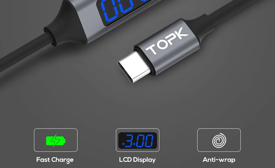 TOPK кабель для быстрой зарядки USB 3,0 usb type C, кабель для синхронизации данных и отображения напряжения и тока для USB-C Xiaomi A1 samsung S9