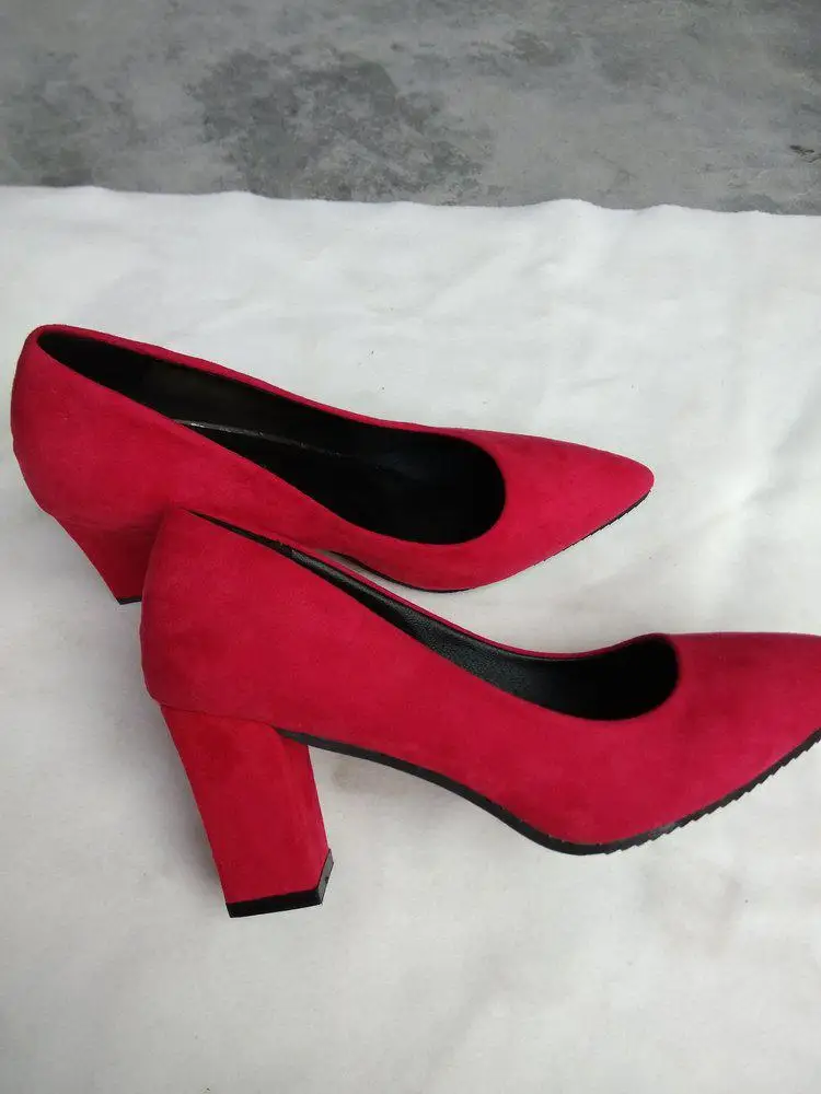 Женские туфли-лодочки на высоком каблуке; пикантная повседневная обувь для ночного клуба; обувь с острым носком; платье для вечеринки; летние туфли из флока с закрытым квадратным каблуком без застежки - Цвет: Красный