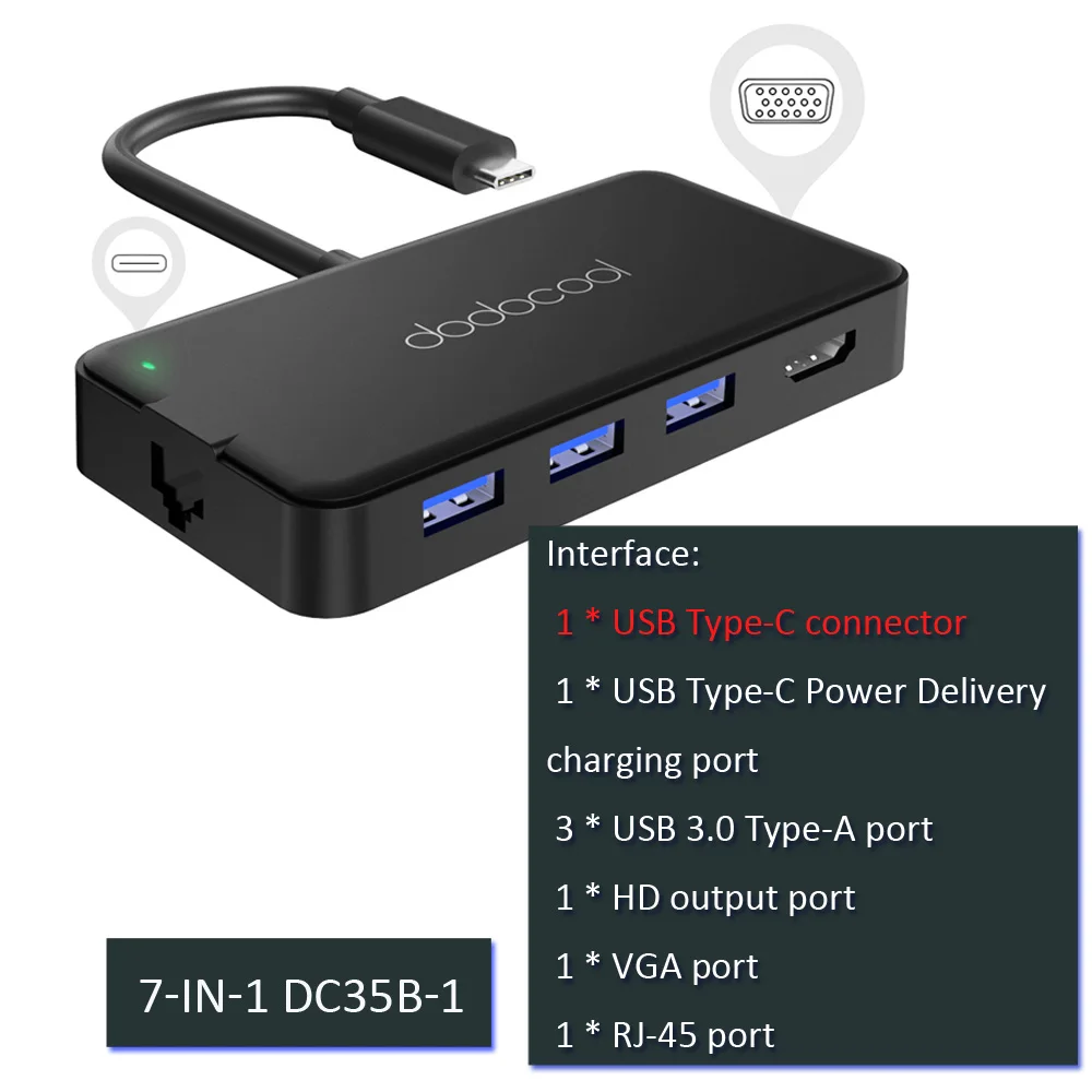 Dodocool usb концентратор usb 3,0 концентратор type c usb c концентратор с HDMI адаптер док-станция для macbook pro Аксессуары USB-C 3,1 сплиттер - Цвет: 7 in 1 DC35B