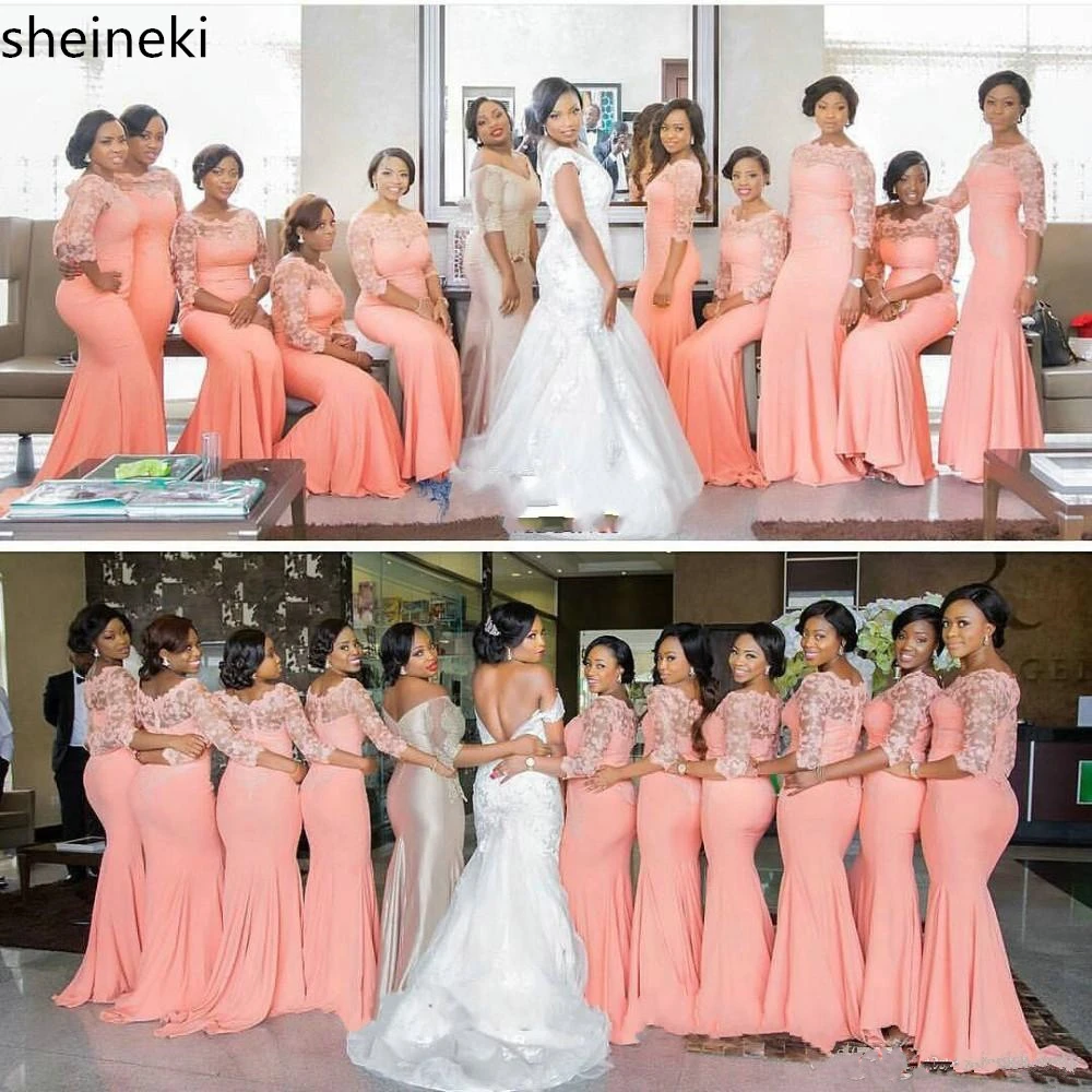 

Arabic African Coral Long Bridesmaid Dresses with Half Sleeves Plus Size Lace Mermaid Party Dress Beautiful Dresses for Wedding