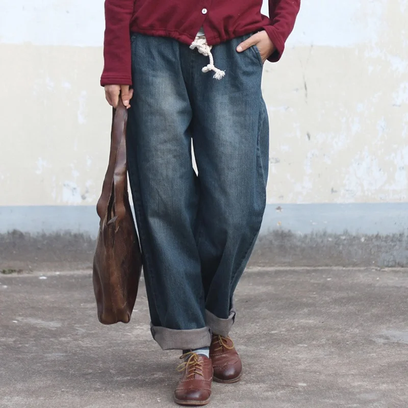 Blue Cotton Elastic waist Denim Women Harem Pants