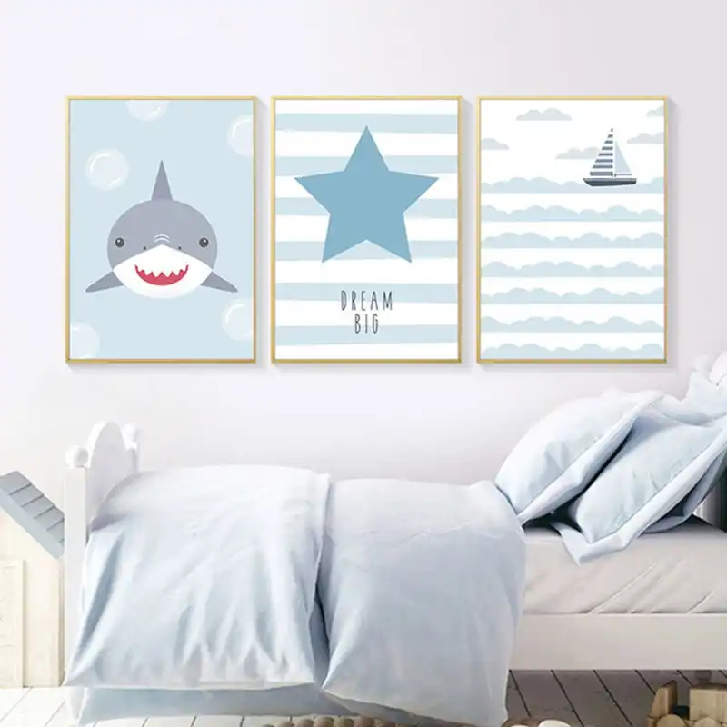 Nautical Nursery Wall Art Canvas Print Cartoon Shark Boat