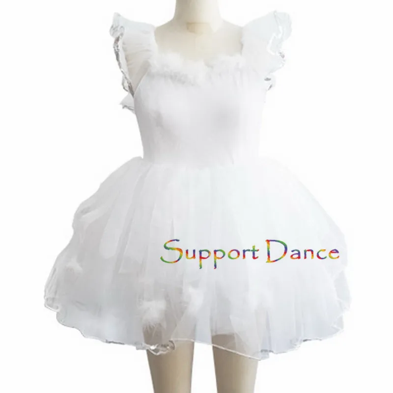 

Girls Women Flutter Sleeve Ballet Tutu Dress Children Adult White Rabbit Hair Neckline Dance Performance Costume C275