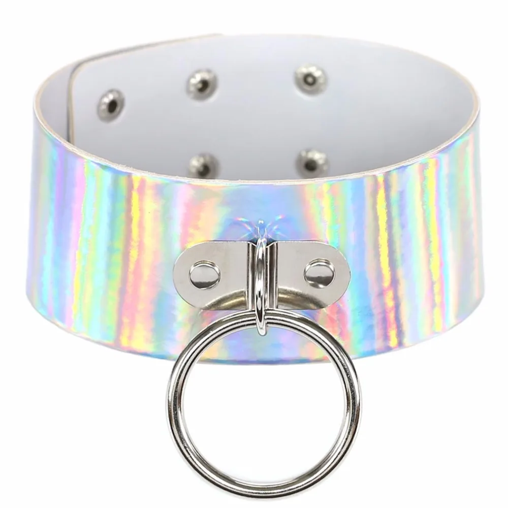 

Handmade Holographic Big Round Pendant Choker Necklace Women 2019 Sexy Cute Harauku Laser Collar Punk Gothic Belt Anime Necklace