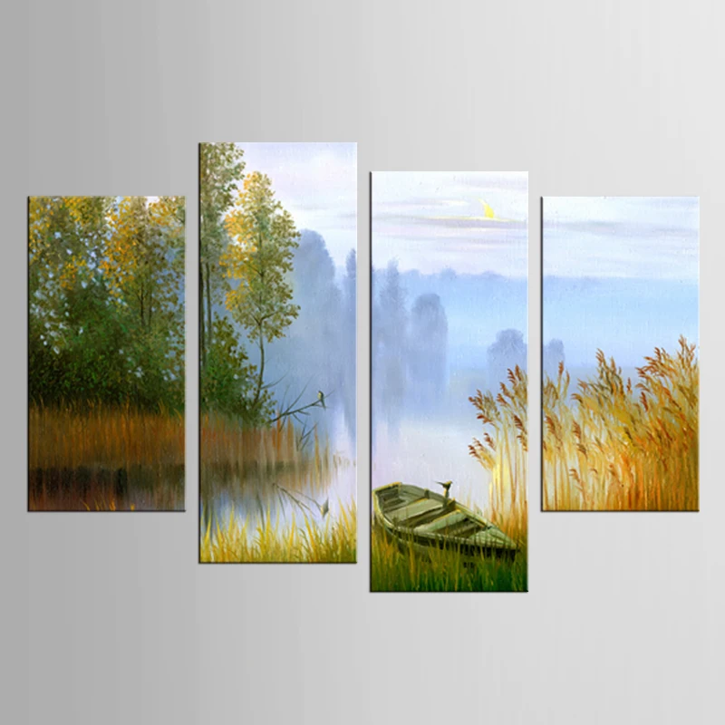 

4 panel box lake shore boat landscape painting mural artist decoration living room canvas printing modern painting njy-145