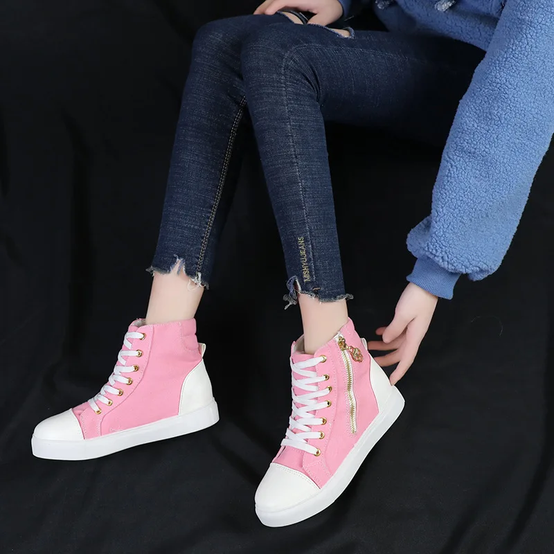 

High Quality Women Canvas Shoes 2019 new spring High Top Flats Women Vulcanized Shoes zipper Female Casual Shoes BA-37