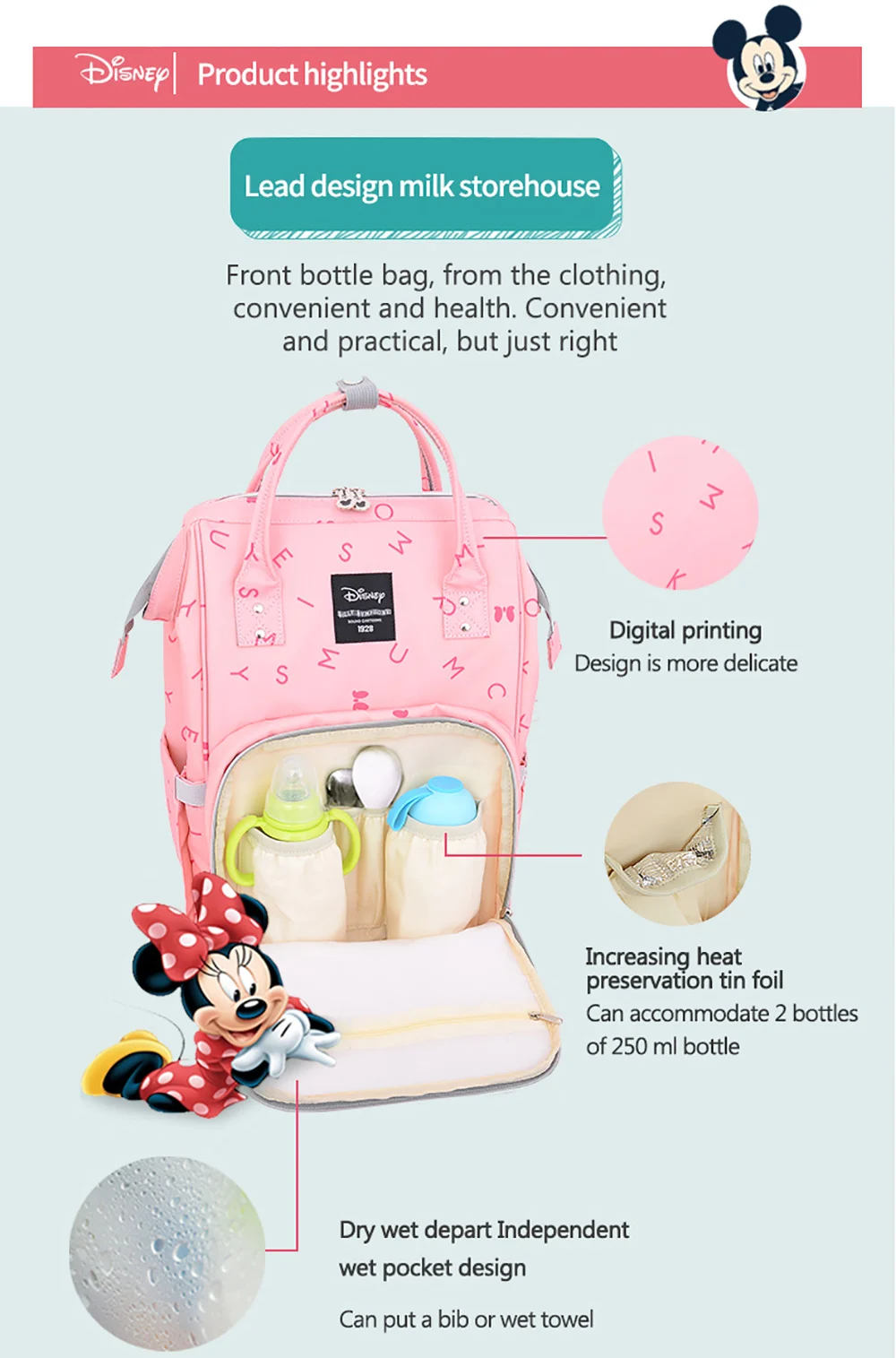 Disney Mummy Maternity Diaper Bags Backpack Larger Capacity Backpack Nappay Baby Bag Travel With Stoller Straps For Baby Care