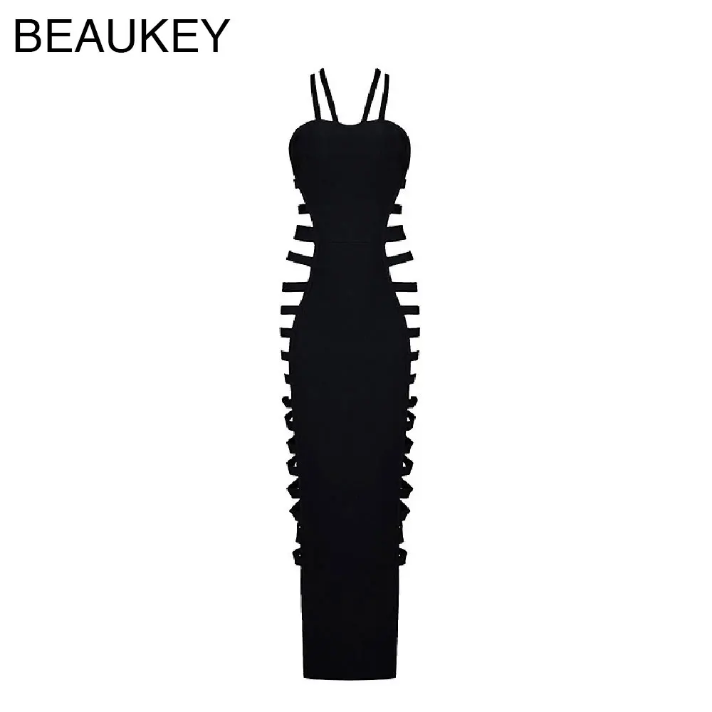 

2016 Women's Newest Fashion Black Cross Halter Side Hollow Out Maxi Sexy Rayon Bodycon Bandage Dress