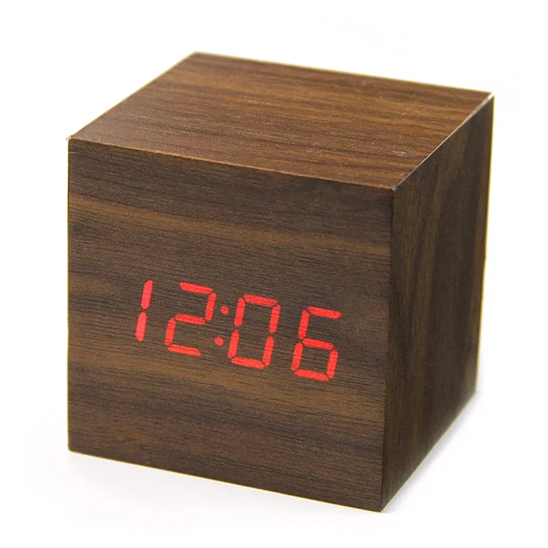 

USB Desktop Table Wooden Wood Small Mini Modern Led Digital Alarm Clock Desk Home Decoration Square Sound Control Clocks Decor