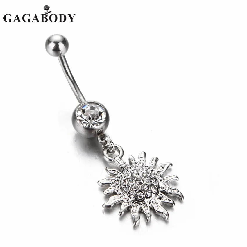 1PC Body Piercing Silver Color Dangle With Clear Gems 14G Sun Flower