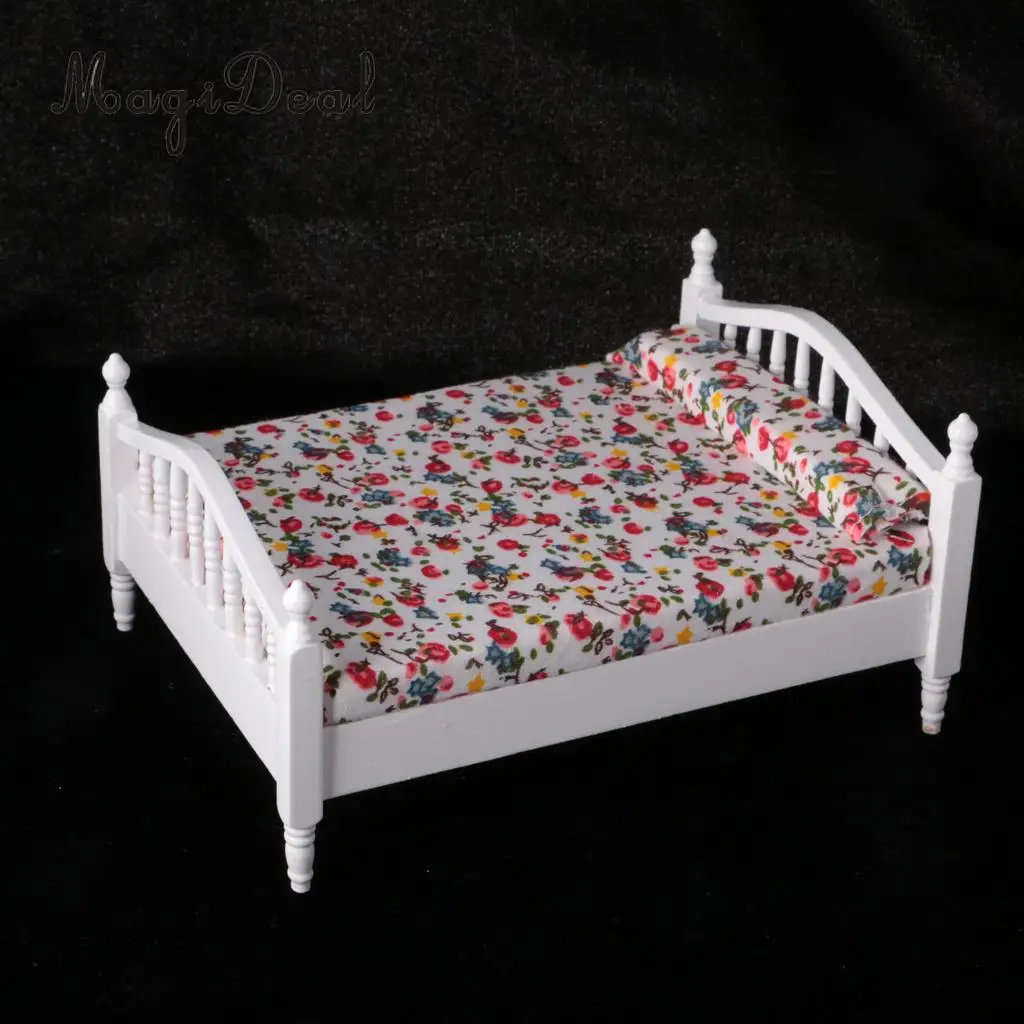 European Retro Design 1:12 Dollhouse Miniature White Wooden Bedroom Double Bed Dresser Mirror Chair Furniture Accs Kids Toys