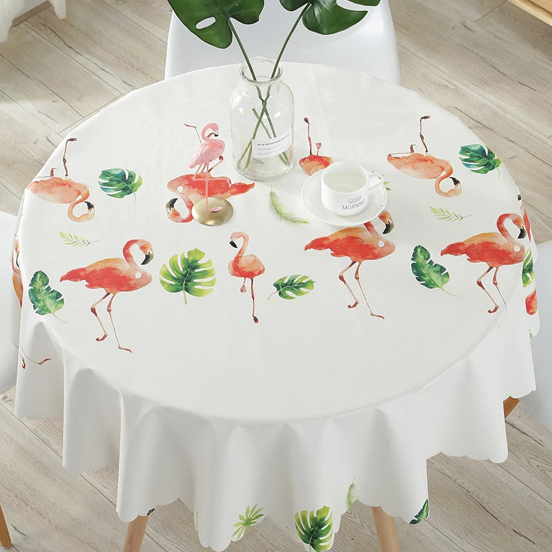 

RZCortinas Table Cover Round Party Wedding Home Table Cloth Flamingo Leaf Printed PVC Tablecloth for Kitchen Waterproof Oilproof