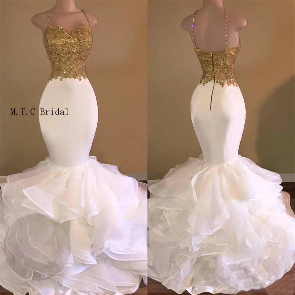 

2019 White Mermaid Evening Dress Gold Lace Appliques Strapless Spaghetti Strap Tiered Organza Long Formal Dresses Custom Made