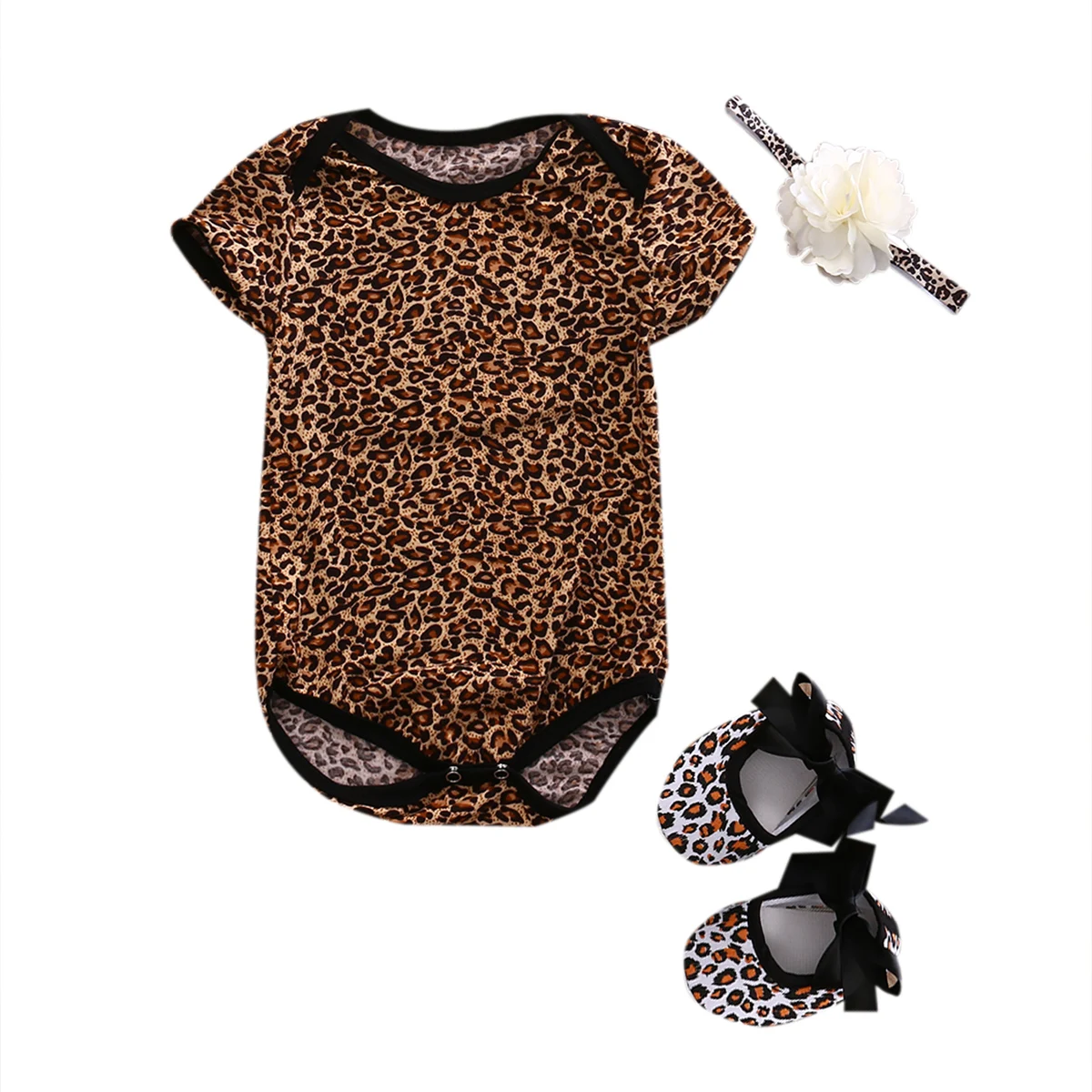 

Newborn Summer Baby Girl Short Sleeve Floral and Leopard Print Romper+Headband+1 Pair Shoe 3Pcs Outfits Set Clothes Jumpsuit