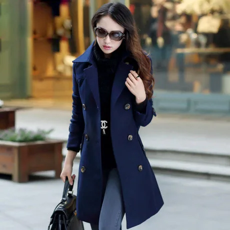 Épais Mode Manteaux Hiver S1122 Solide Laine Plus La Automne À Femmes Pardessus Longue Navy Belle Taille Nouveau Longues Manches Casual BqSZABw