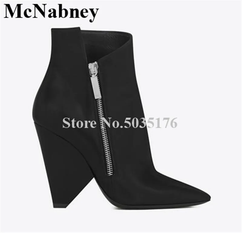 

2019 European Fashion Solid Pointed Toe Spike Heels Mid-Calf Short Boots Zip Short Boots Cover Heel Spring/Autumn Women Shoes