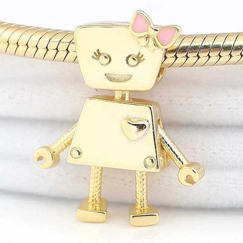 

New 925 Sterling Silver Bead Charm Gold Color Shine Cute Bella Bot Robot Beads Fit Pandora Bracelet Bangle Diy Jewelry