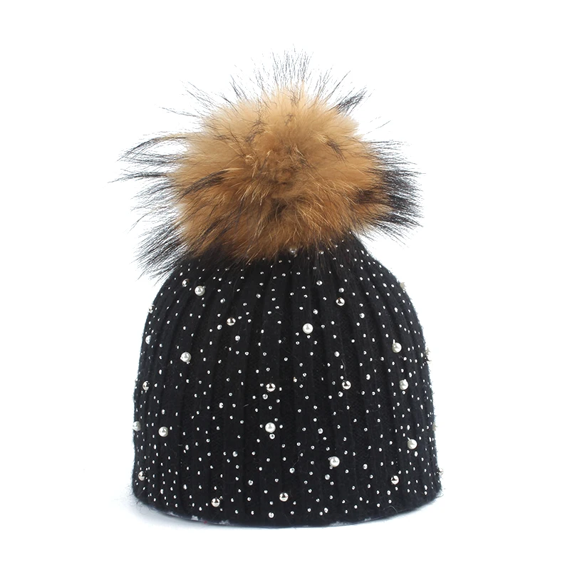 

Kids Rhinestone Beanie Girls Wool Knitted Winter Hats For Children Real Raccoon Fur Pompom Hat Skullies 4-8 age