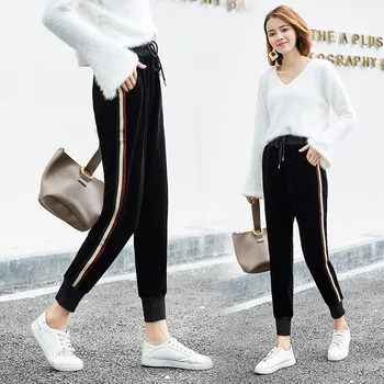 

Nonis New Arrival Women Casual Ankle-length Pants Female Loose Pleuche Elastic Waist Patchwork High Harem trousers pantalon