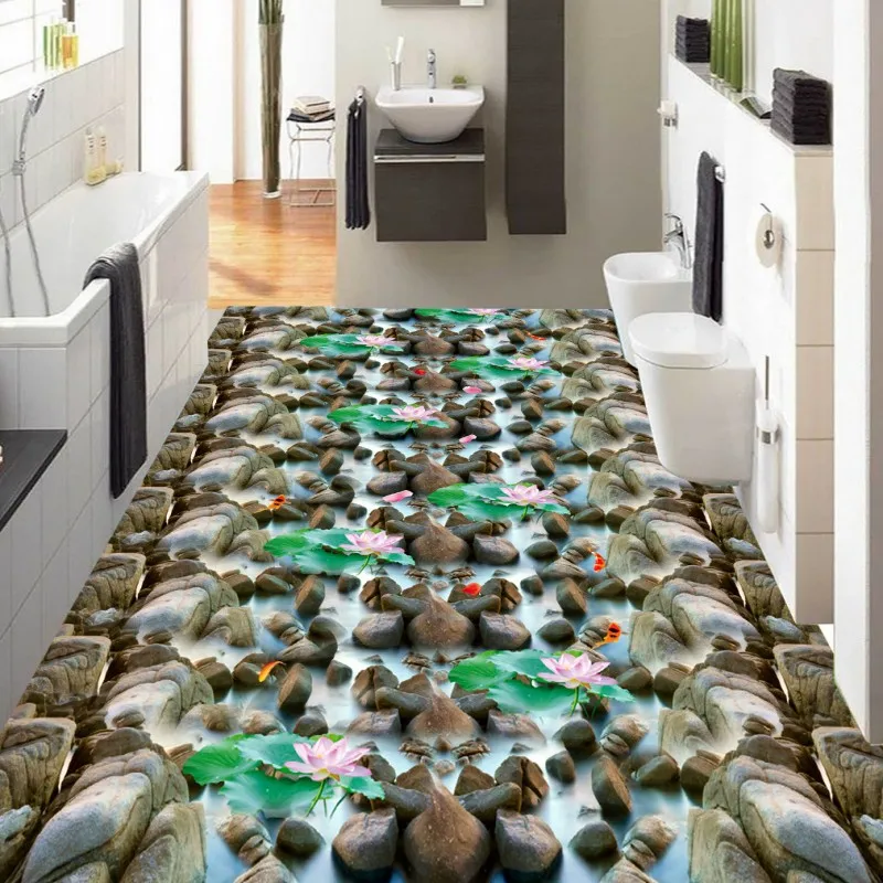 Free Shipping Sea stone pebble lotus carp flooring wallpaper kitchen lobby shopping mall waterproof floor mural