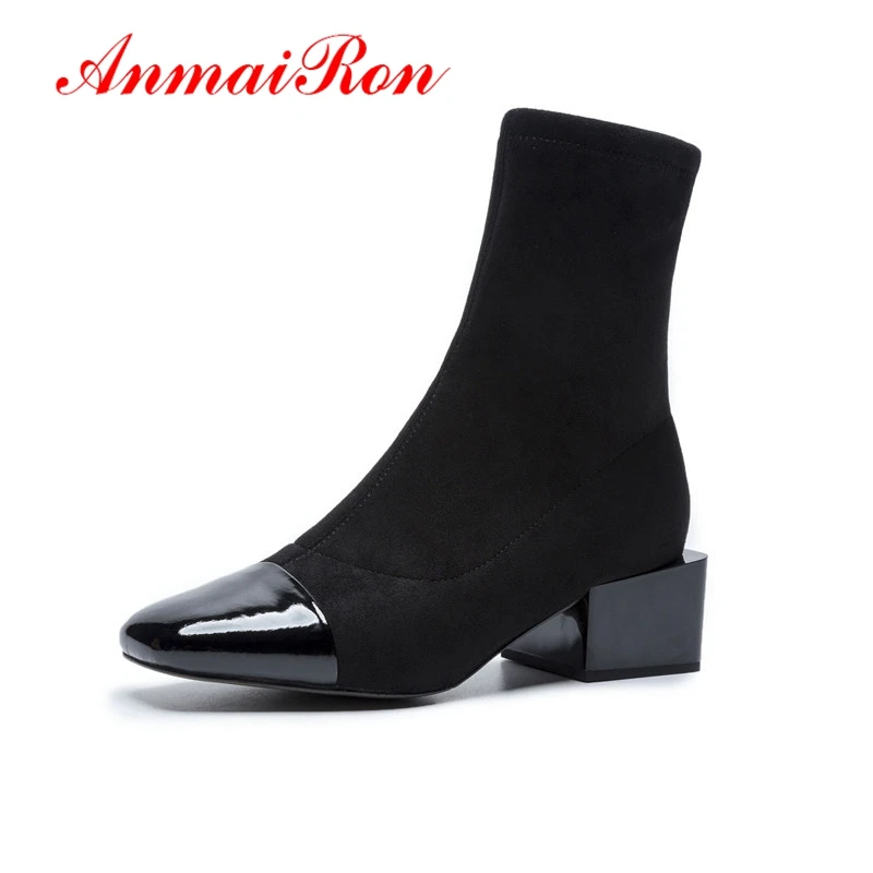 

ANMAIRON Women Ankle Boots Fashion Shoes Woman Causal Black Boots Thick Med Heels Square Toe Boots for Ladies Size 34-40 CR861