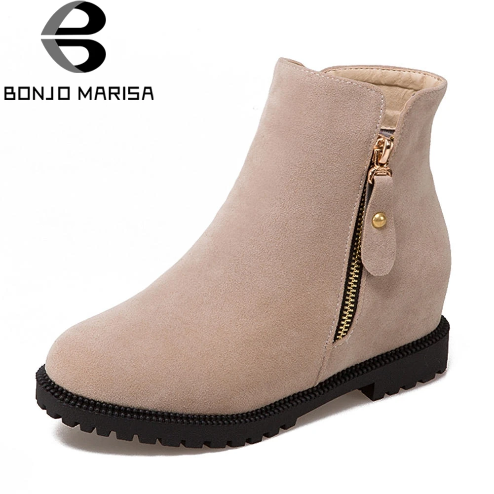 

BONJOMARISA 34-43 Large Size Comfortable Platform Zip Winter Boots Med Hidden Heels Flock Ankle Boots Women 2018 Shoes Woman