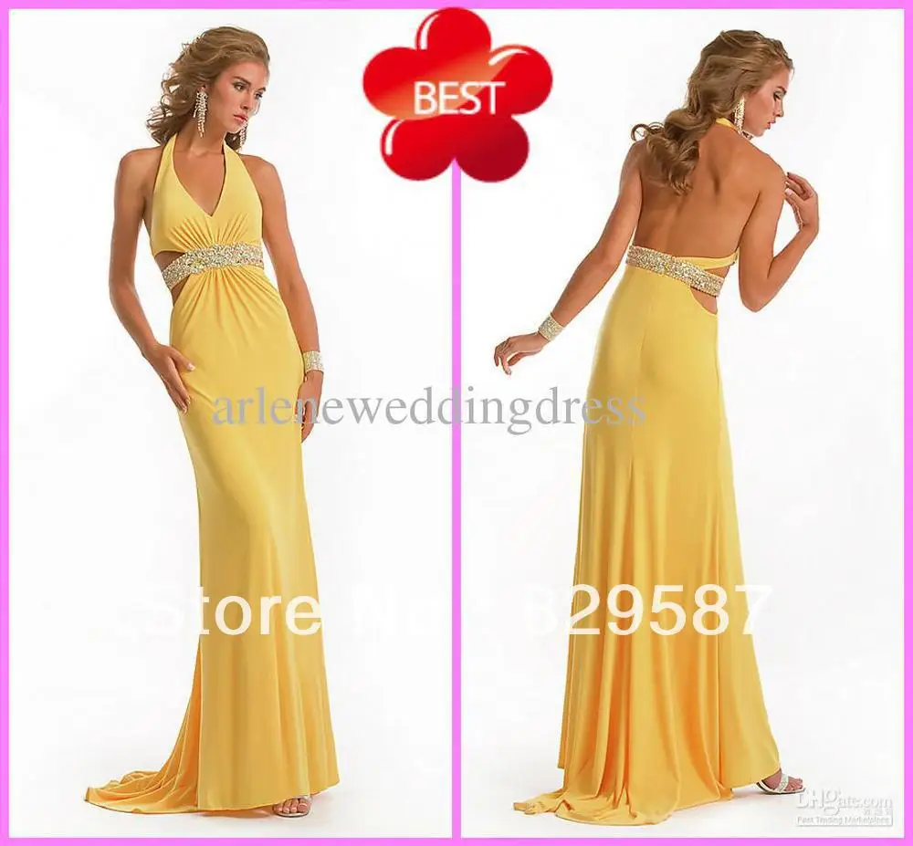 2012 Fashion Halter Sheath Sweep Sequins Stretch satin prom Dresses custom made Evening Dress | Свадьбы и торжества