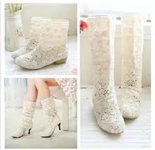 Free shipping spring summer boots women boots sweet cool boots knitted cotton lace flat heel high boots big size boots