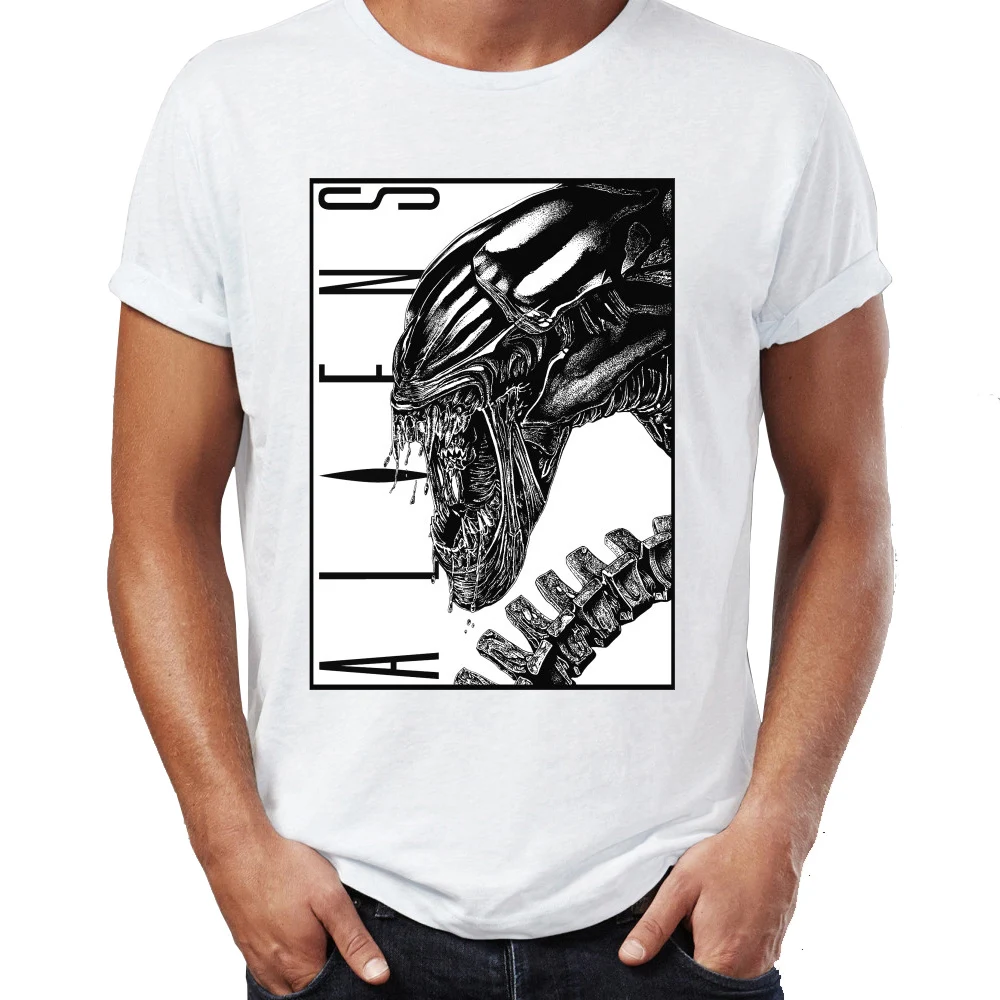 Men's T Shirt Aliens Xenomorph Black and White Alien Movie Badass Tee