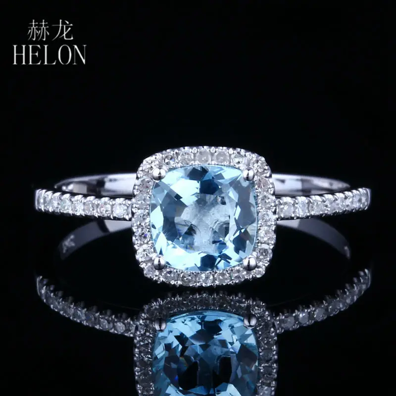 

HELON Solid 14k White Gold 6X6MM Cushion 0.83ct Genuine Aquamarine Halo Diamonds Engagement Wedding Ring Exquisite Fine Jewelry