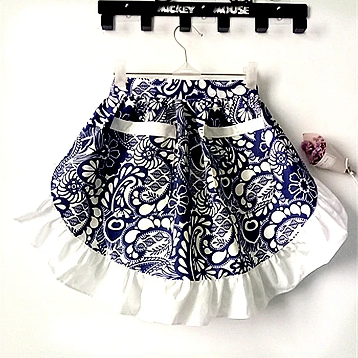 

Blue and White Porcelain Half Waist Bistro Restaurant White Ruffle Women Kitchen Cooking Avental de Cozinha Cotton Canvas Apron