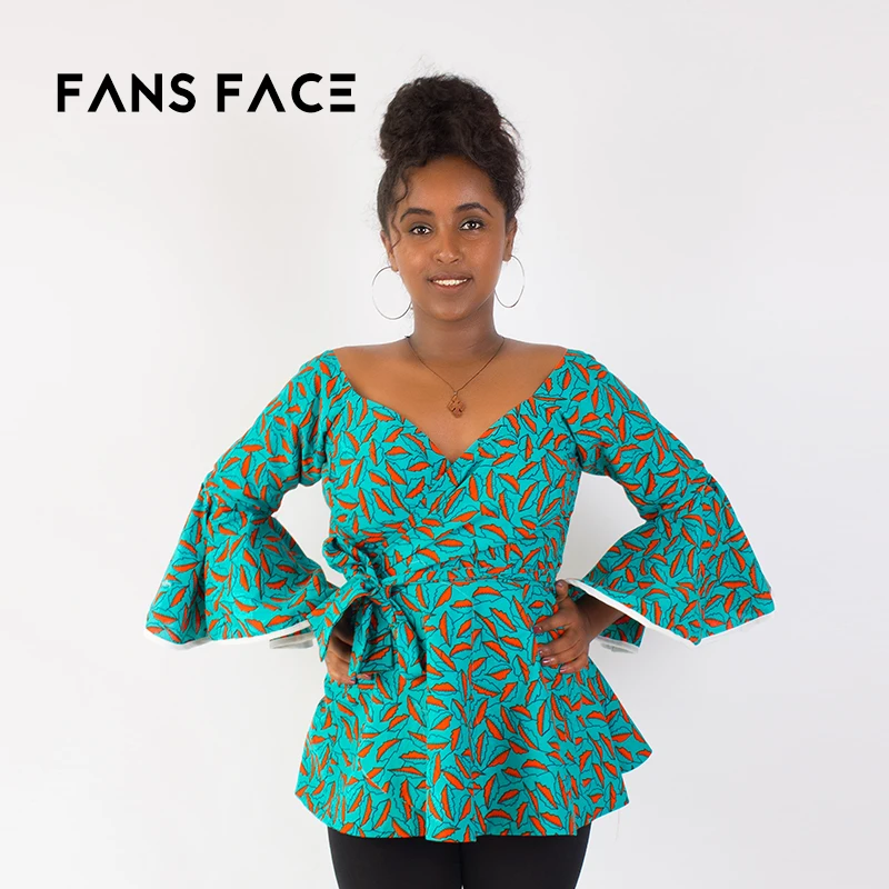 Вентиляторы лицо 2018 Новый дизайн женские африканская одежда традиционные восковой печати ткань платья с v-образным вырезом расширяющимся