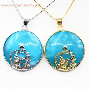 

Elegant Women's Natural Stone Pendant Chain Stainless Steel Necklace Circle Round 32mm Blue Jades Pendants Dragon Inlay B3327