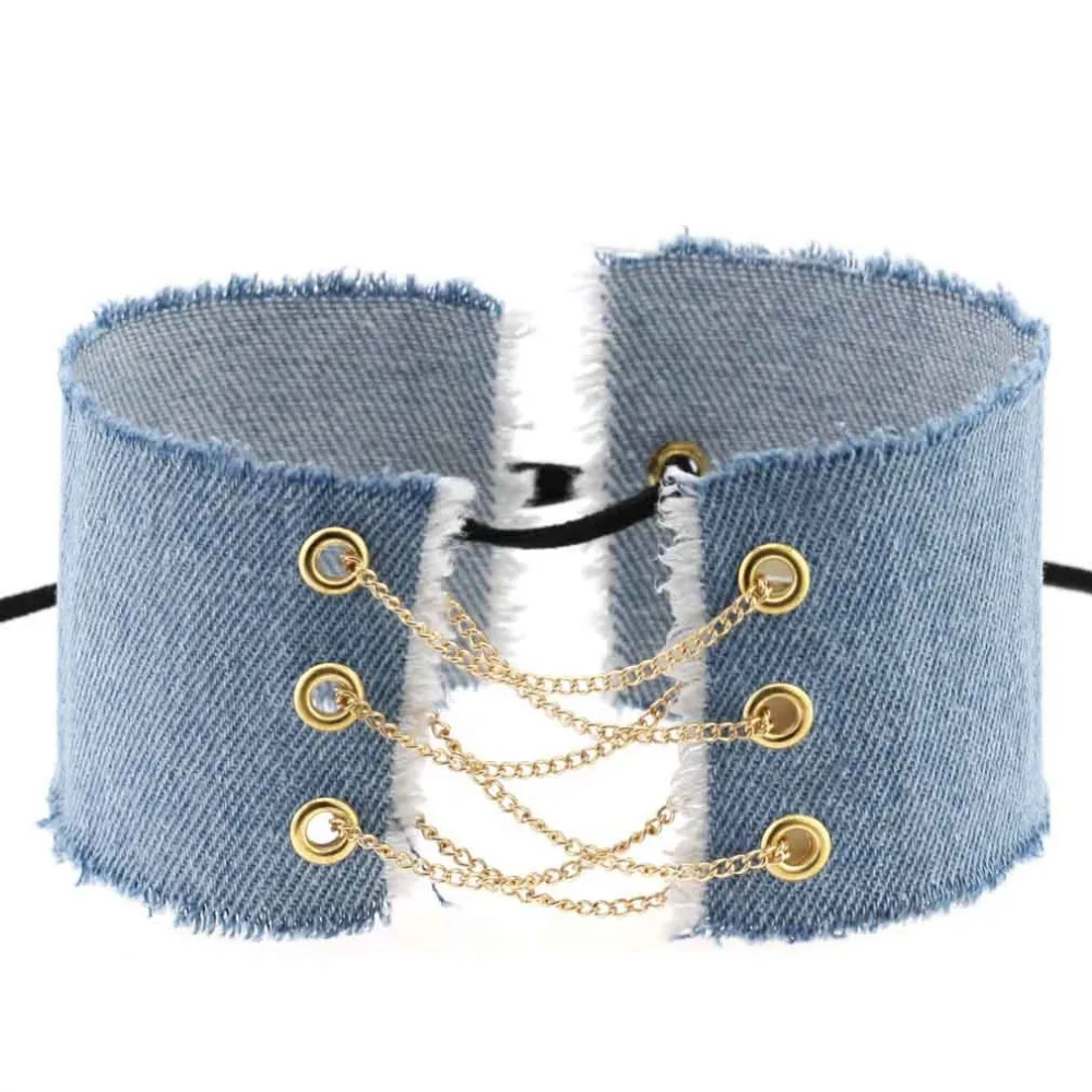 Чокер из голубого денима ожерелье для женщин на шнуровке панк чокер галстук джинсы чокер ожерелье готическое ювелирное изделие колье