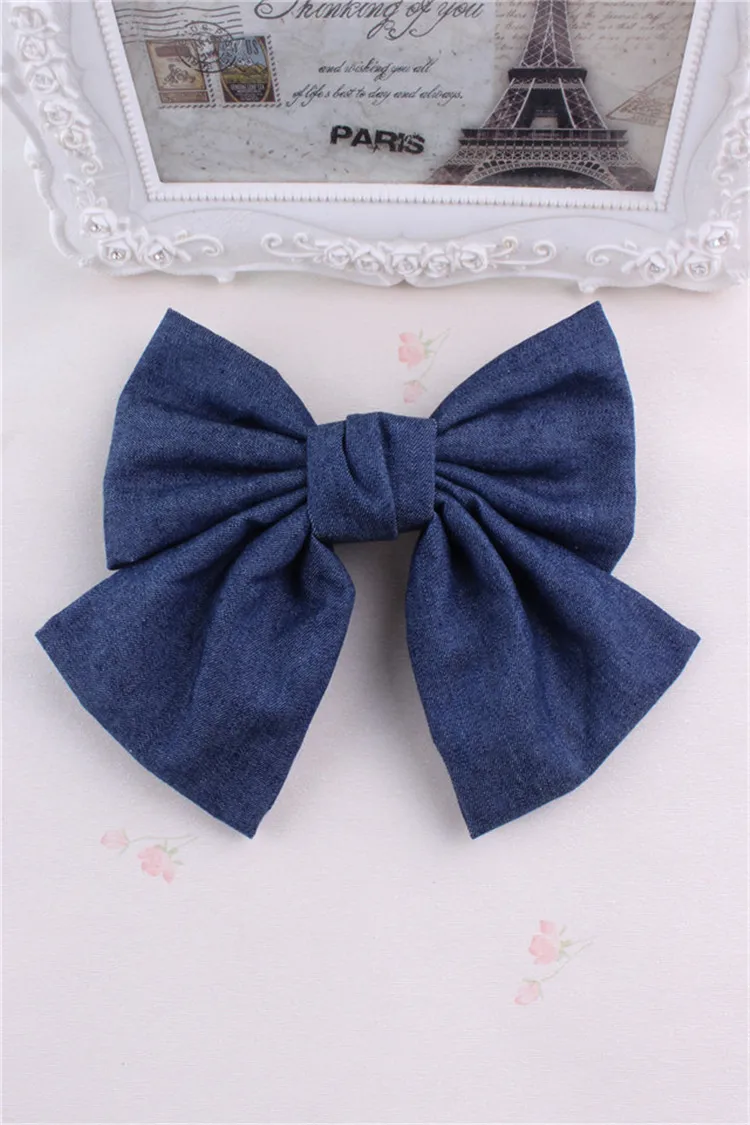 10 Colors Women Girls Vintage Soft Solid Denim Bow Barrette Big Size Lovely Bowknot Hair Clips Hairpin Blue Denim Headwear hairclips