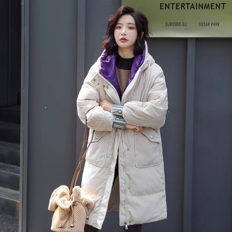 Новое поступление года, женская зимняя куртка с воротником-стойкой и капюшоном, стеганое Женское пальто, длинная теплая Дамская парка с двумя большими карманами - Цвет: Бежевый
