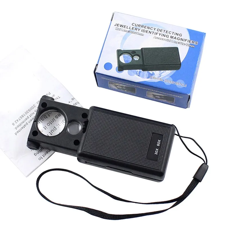 

1Pcs 30X 60X LED Mini Pocket Magnifying Glass Lupa Hand Magnifier Portable Jeweler Microscope Currency UV Detector Magnifier